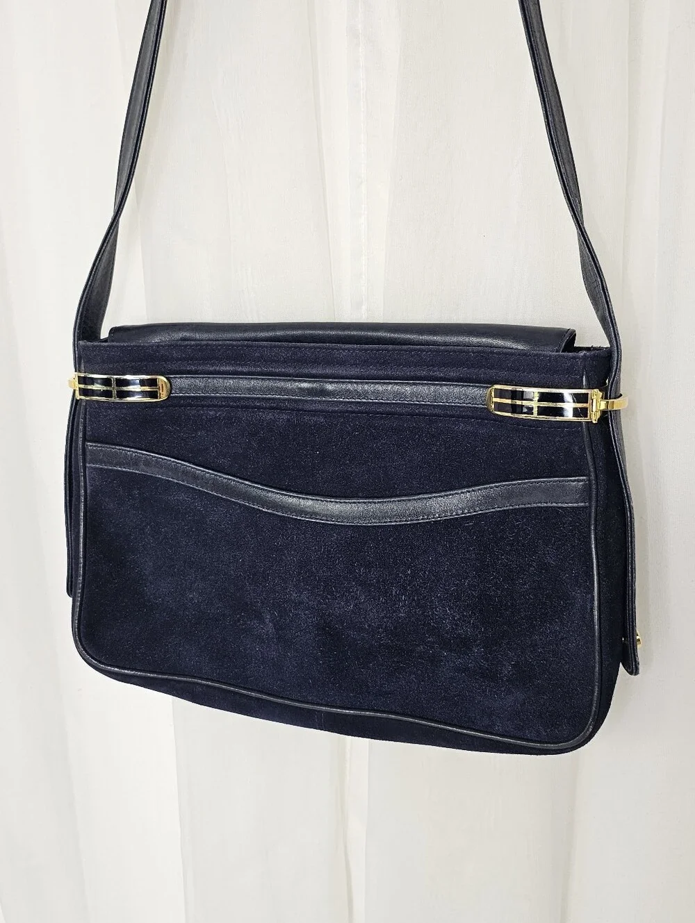 Vintage Neiman Marcus Navy Suede Shoulder Bag Gold Hardware